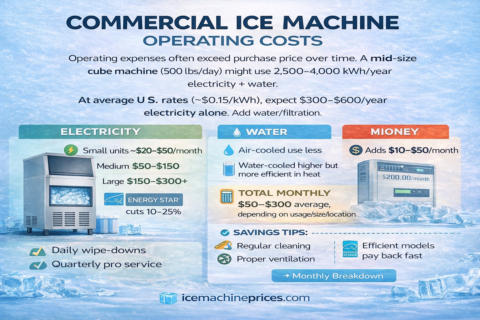 Commercial ice machine operating costs, energy usage, and monthly expenses 2026